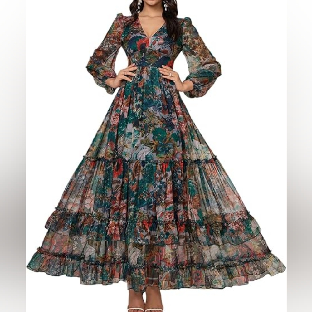 Toleen Floral Chiffon Tiered Maxi Dress
